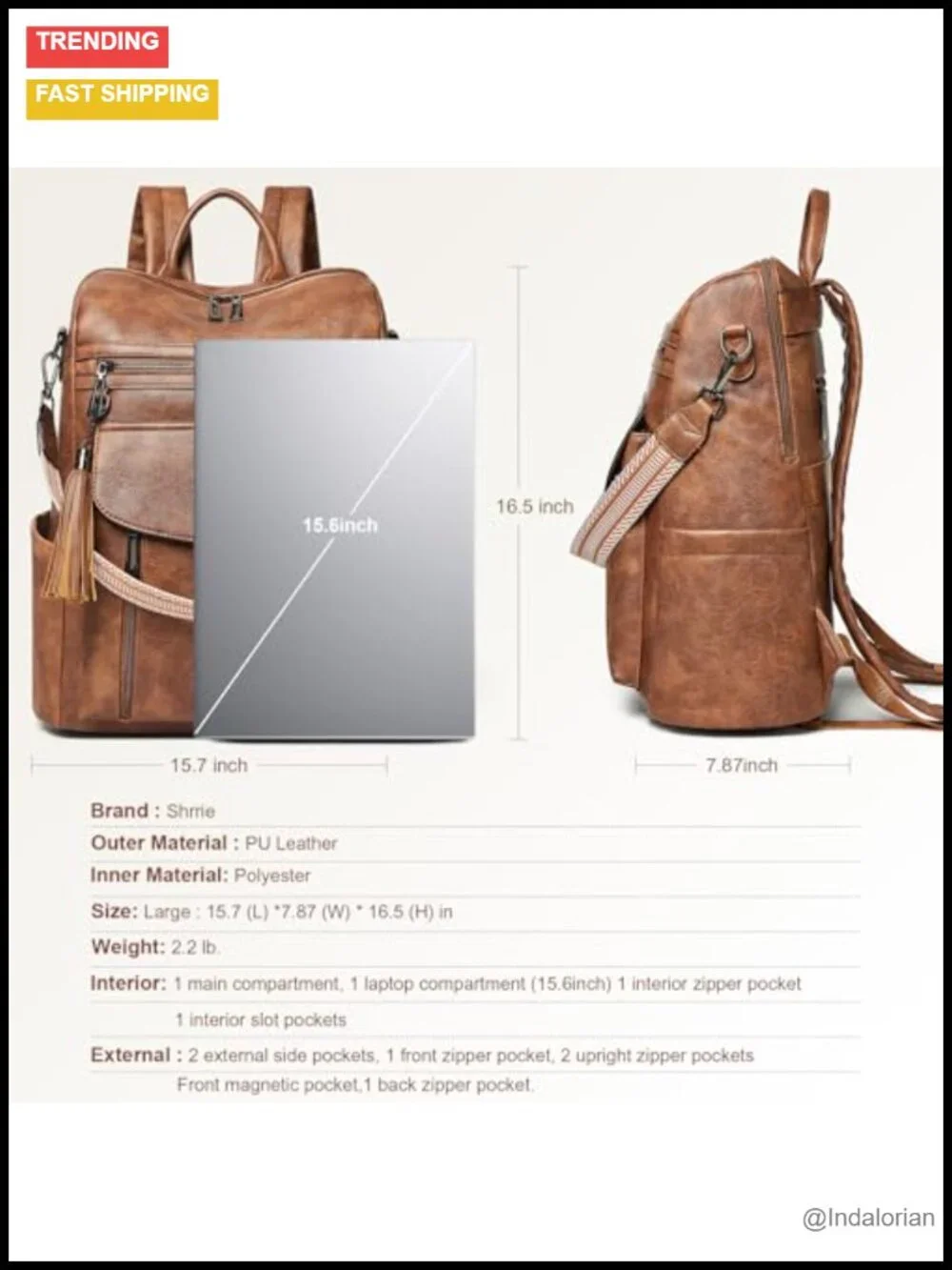 Faux Leather Laptop Backpack 15.6 inch Travel Work Water Resistant Daypack